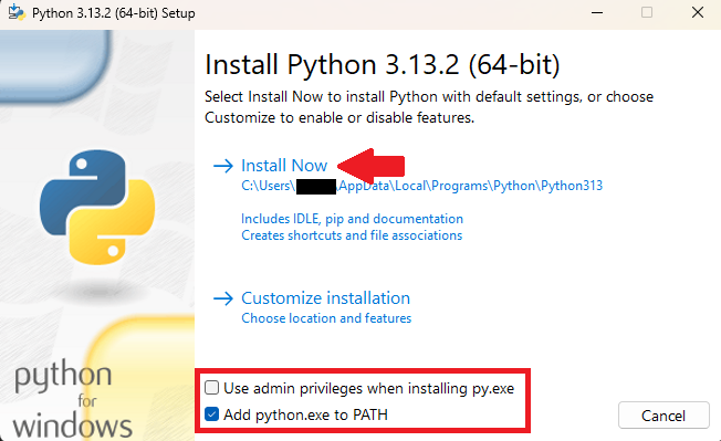 Python Setup Window Install button